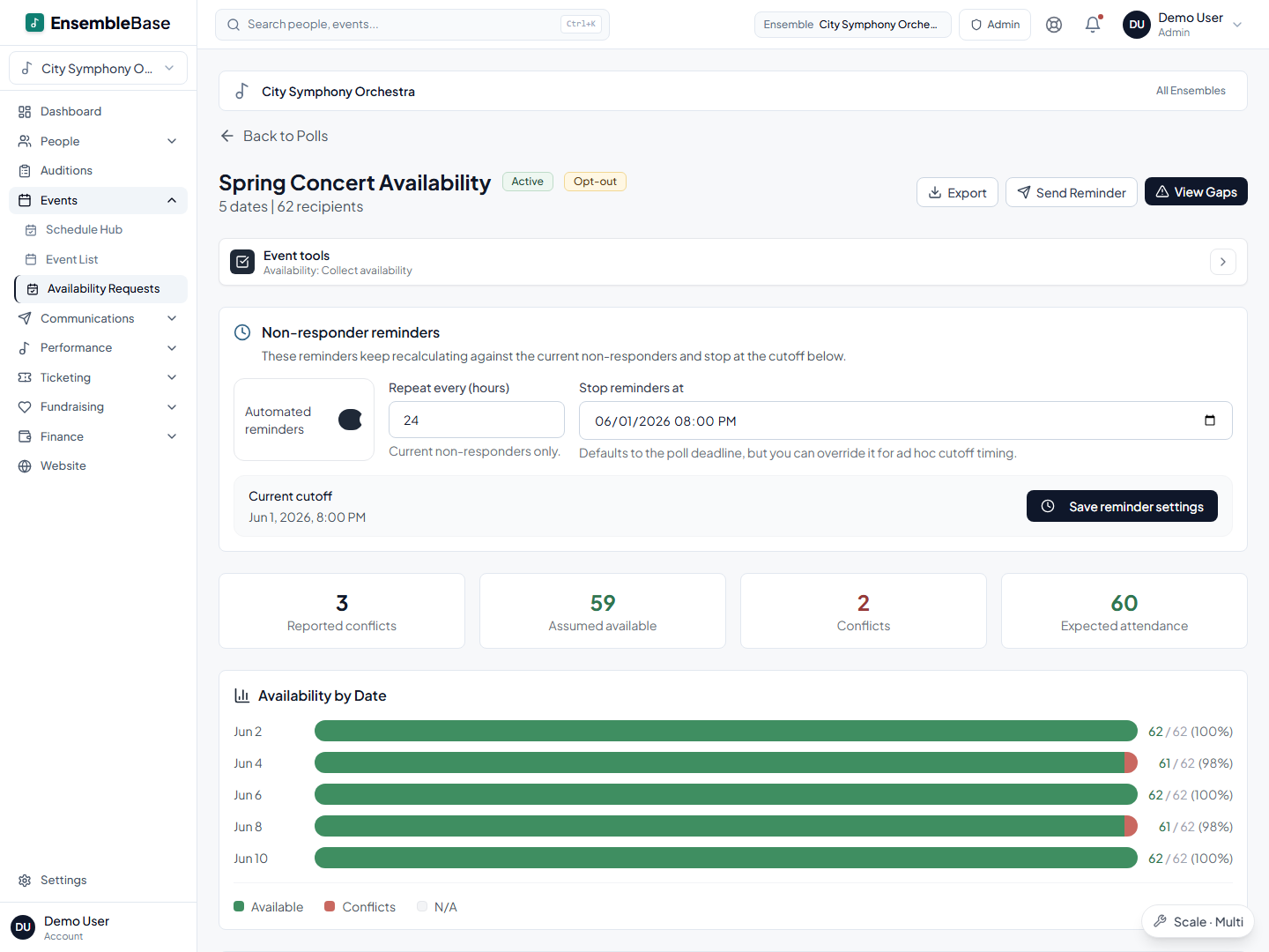 EnsembleBase availability polling showing conflicts and pending responses for upcoming choir events.