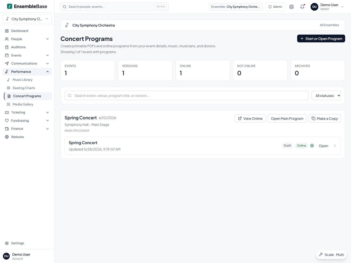 EnsembleBase concert program builder showing a live published program and a draft version side by side.