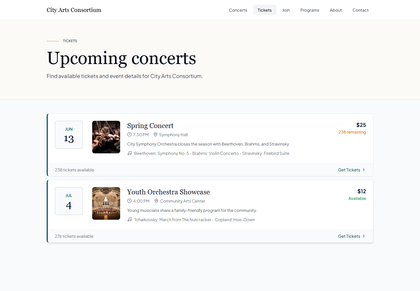EnsembleBase public concert listing page where patrons browse upcoming performances and buy tickets.