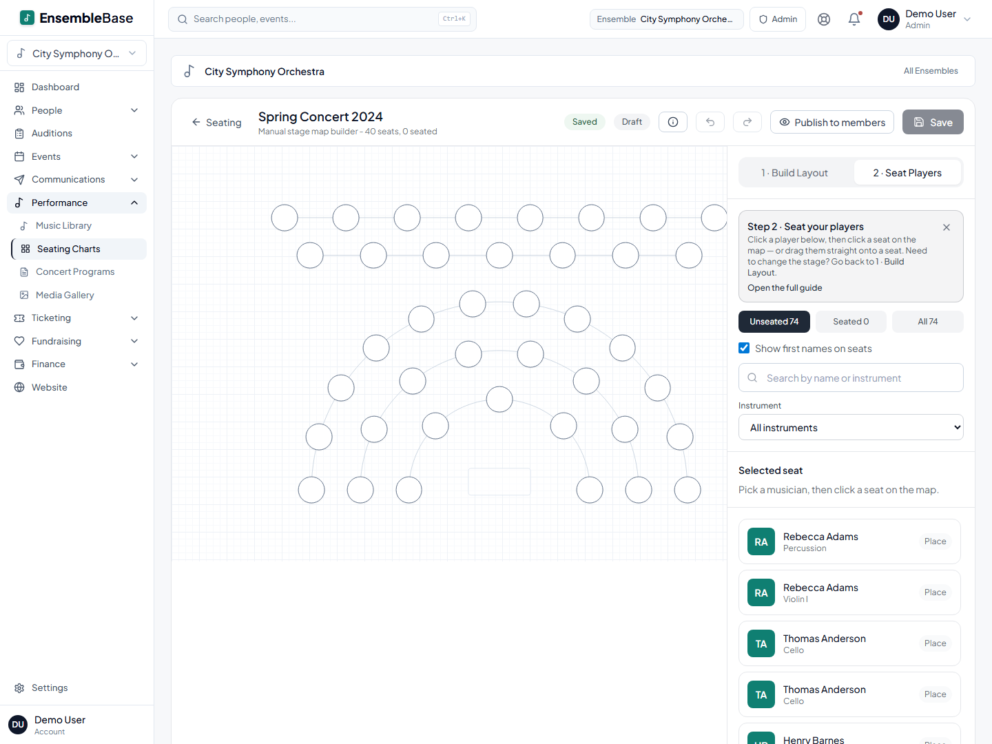 EnsembleBase stage-map builder with curved seat rows on a stage canvas and a roster panel of unseated players.